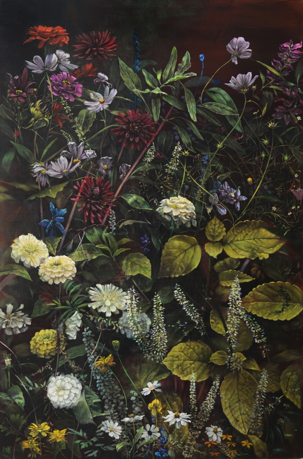 Zinnias and dahlias, Oil, 120 x 180 cm